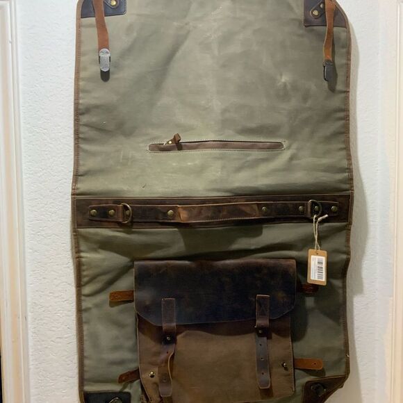 Waxed Canvas Leather Suit Luggage Garment Bag army green color - Picture 9 of 11